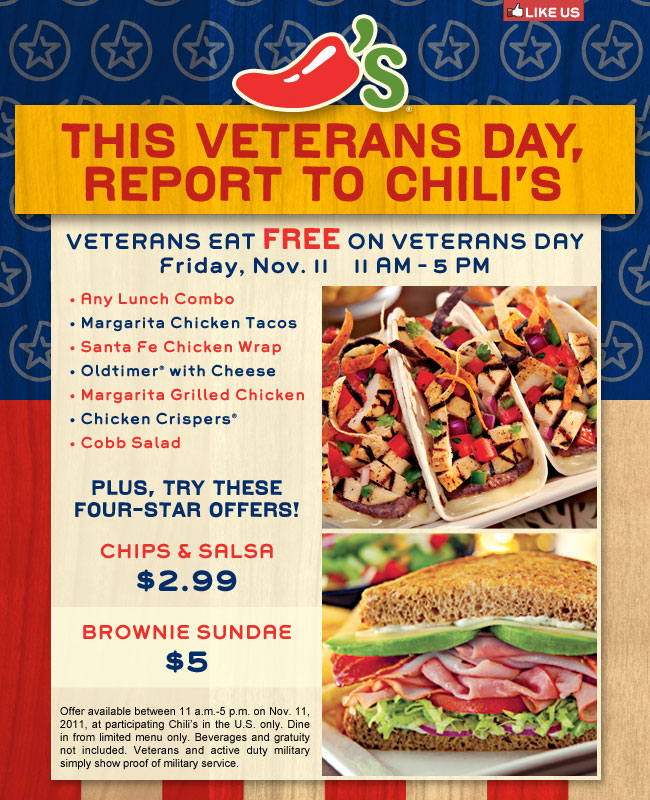 OC Chili’s Veterans Day Free Meal for Military & Veterans OC Great Deals